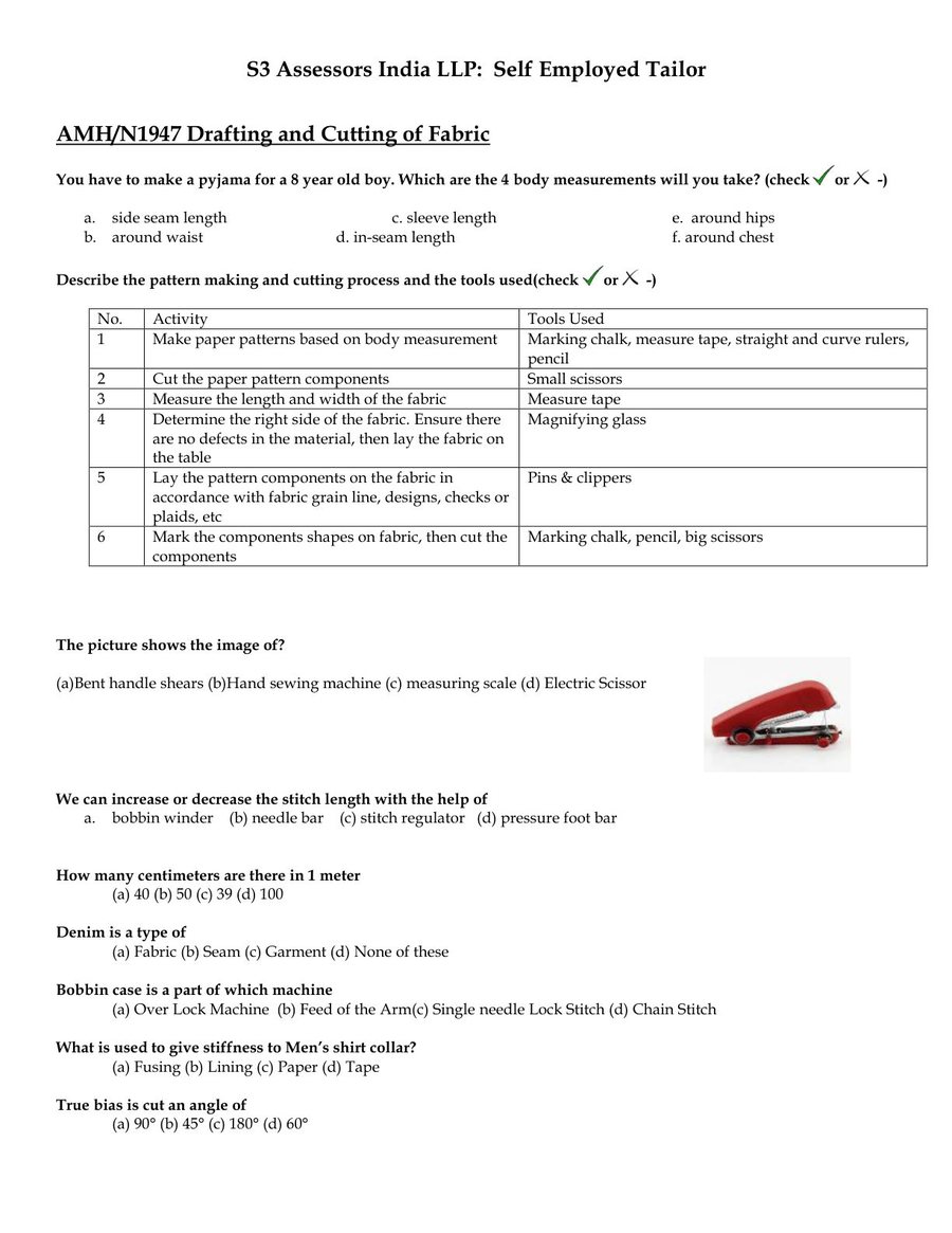 First page preview of the Self-Employed Tailor sample assessment